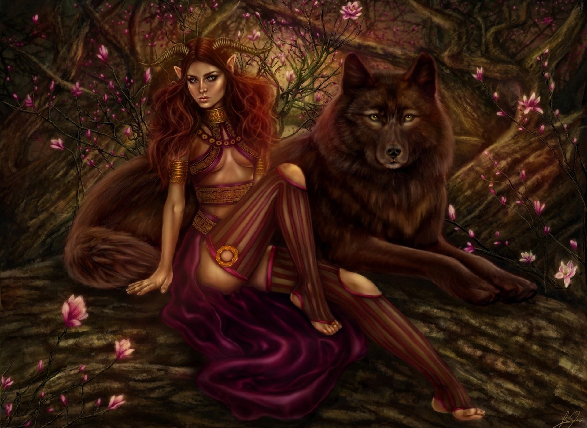 art fille démon démon forêt cornes rousse loup prédateur arbres fleurs