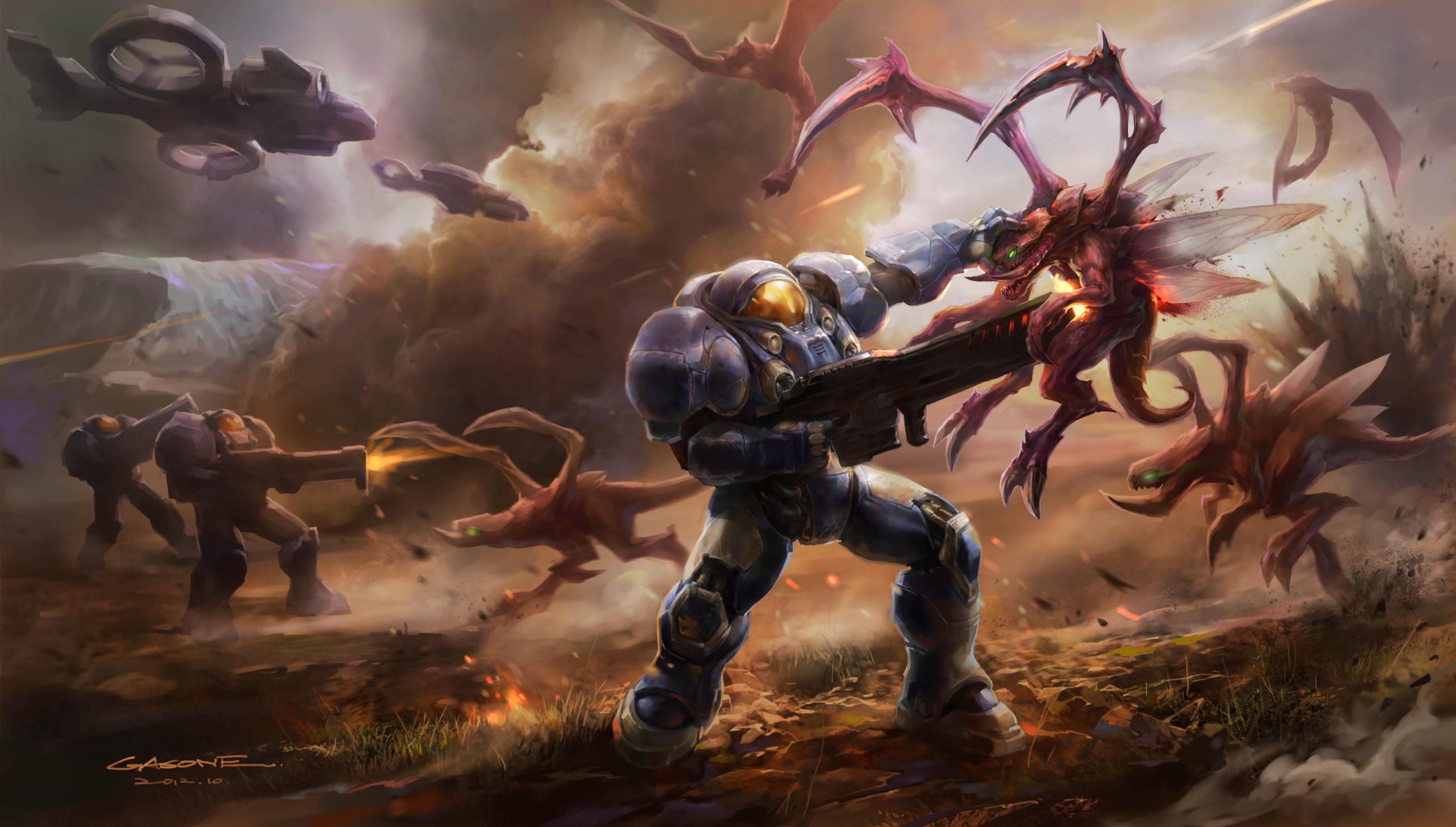 art gasone starcraft ii wojny bitwa potwory broń skafander zbroja statki transport