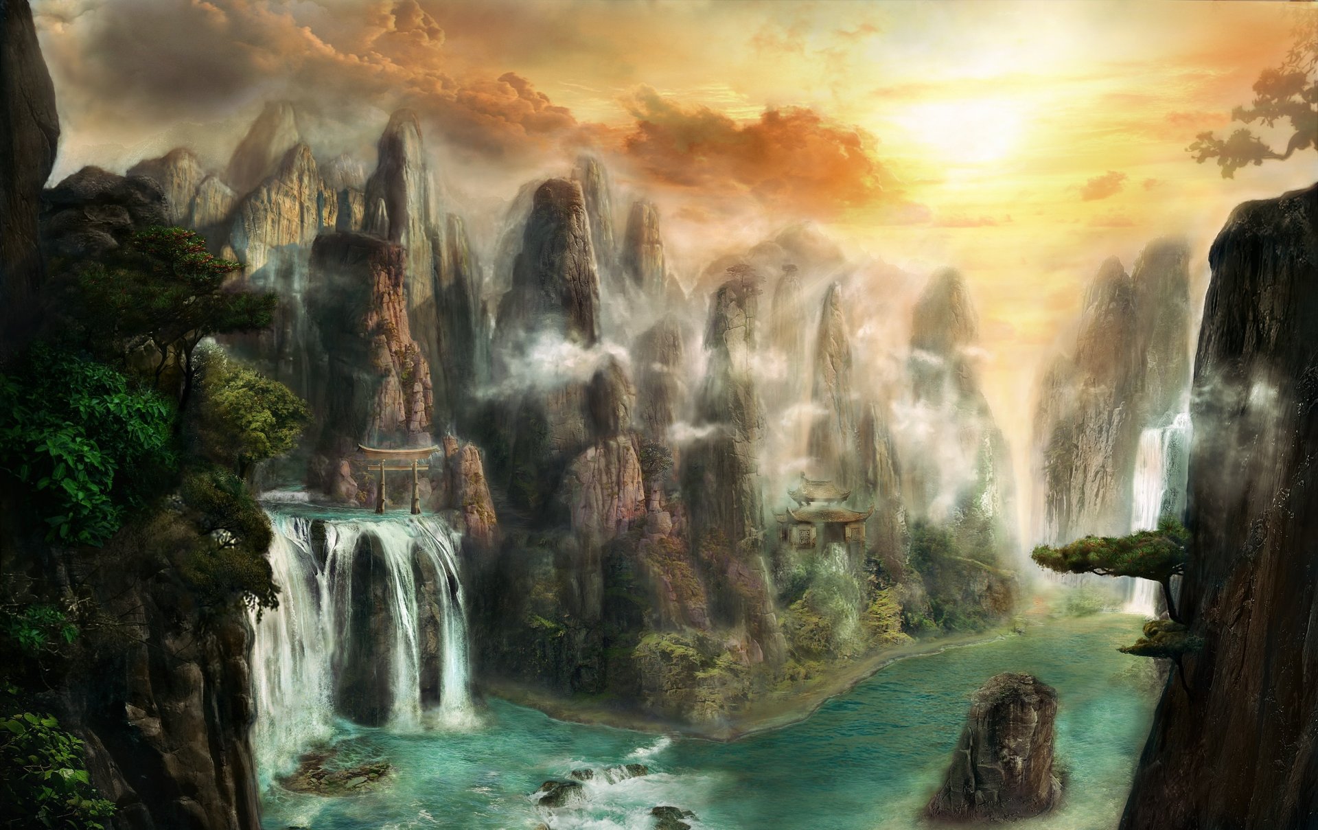 art max antonov fantasy world landscape rock mountain gate waterfall river water temple tree stone