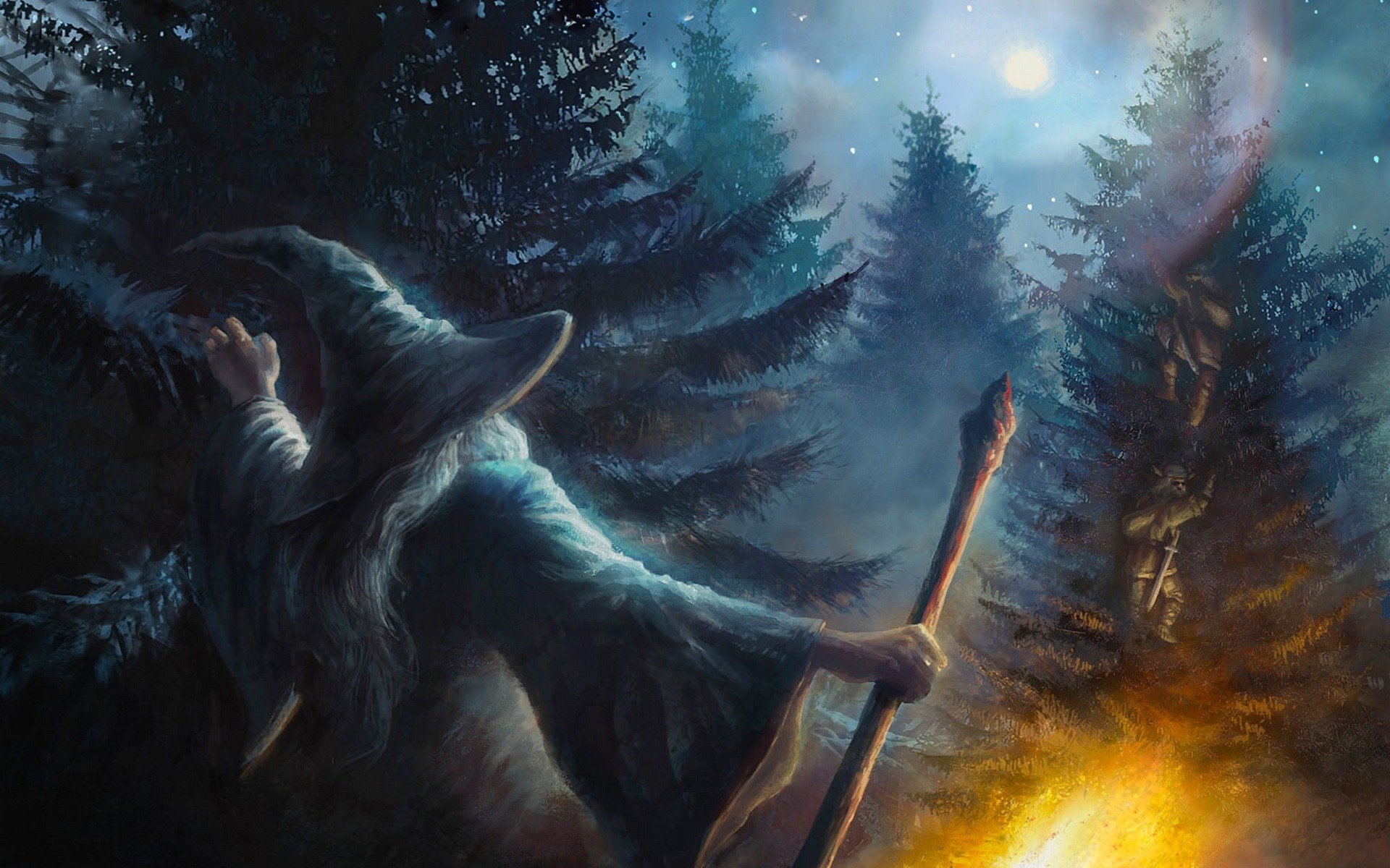 hobbit là-bas et retour voyage inattendu gandalf et les nains maître moonxels munchild forêt elfique mirkwood feu lune fantaisie fanart aller-retour voyage inattendu mirkwood forêt sauvage gandalf magicien nains arbres par