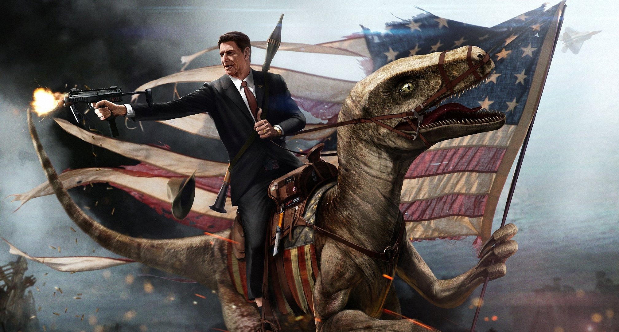 kunst ronald reagan maschinengewehr waffe us-flagge velociraptor dinosaurier