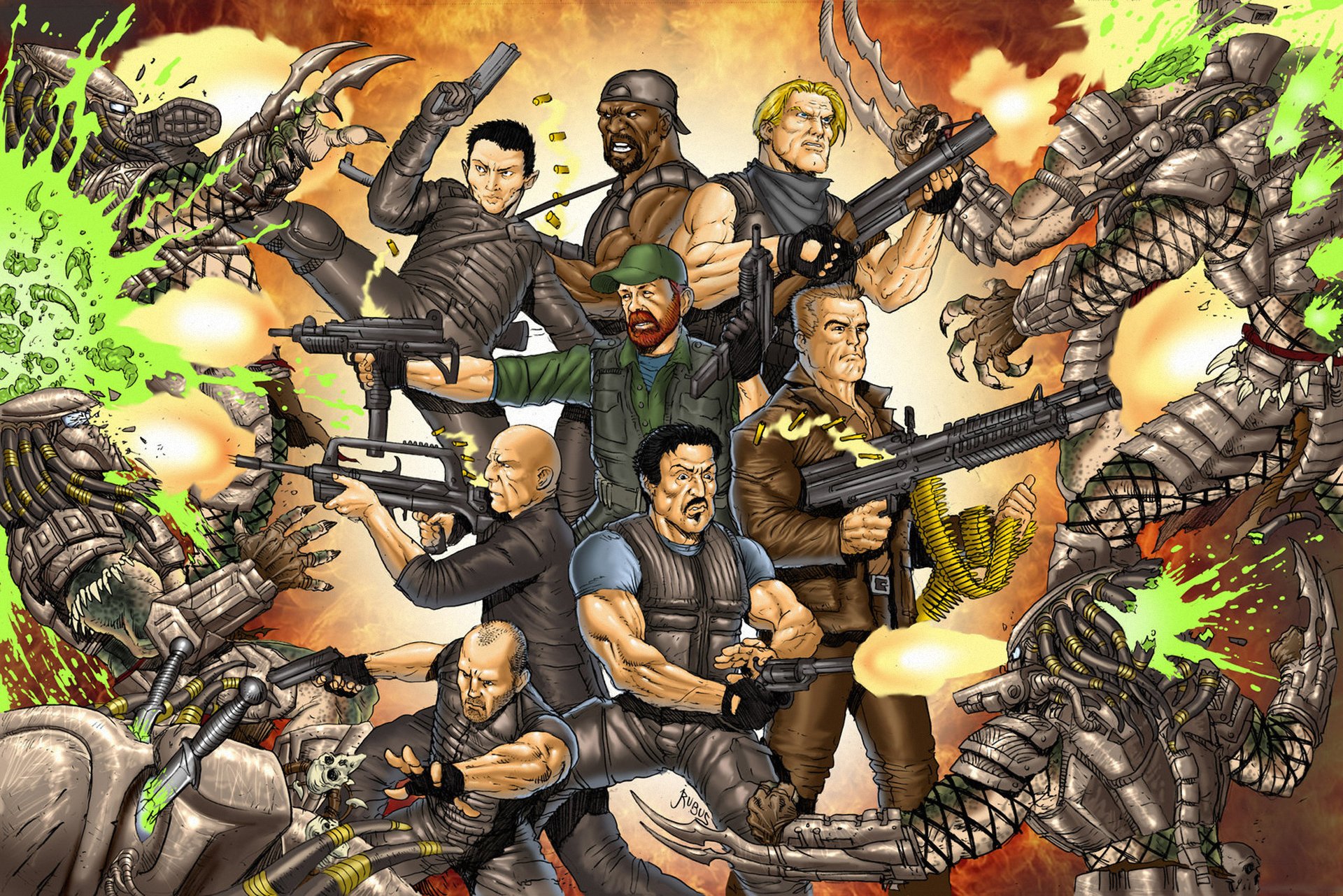 the expendables vs predators sylvester stallone jason statem dolph lundgren terry crews randy couture bruce willis arnold schwarzenegger chuck norris