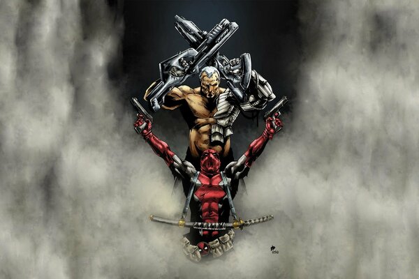 Deadpool e cavo nella nebbia con le pistole