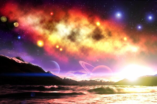Fantástica imagen de las montañas y el cielo cósmico