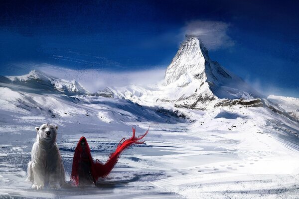 A bear and a girl in a blood-red cloak on the background of cold mountains