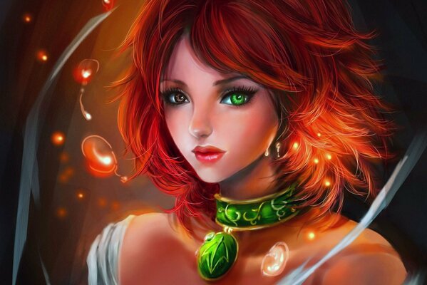 Рыжая девушка с зелёным кулоном и разными глазами