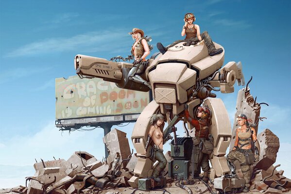 Girls in an abandoned desert with a robot