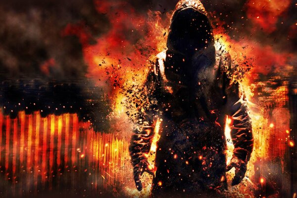A creature in a hoodie with a hood on a background of fire and smoke
