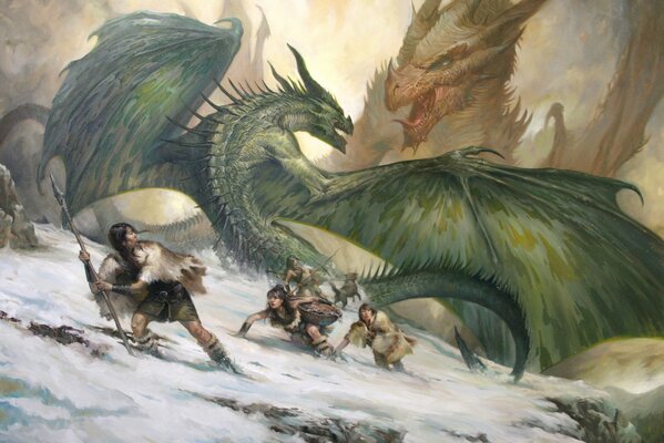 Drachen und Menschen im Schnee