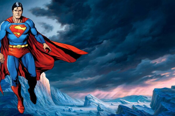 Superman en Cape plane au-dessus des montagnes