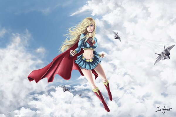 Supergirl im Anzug schwebt in den Wolken