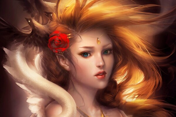 Rudowłosa dziewczyna z różą we włosach