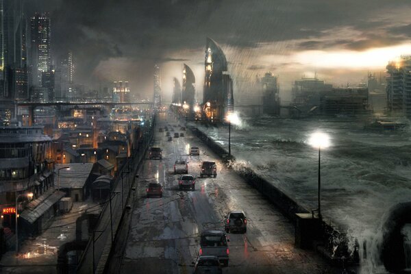 Apocalypse. The city at night. Cars on the road