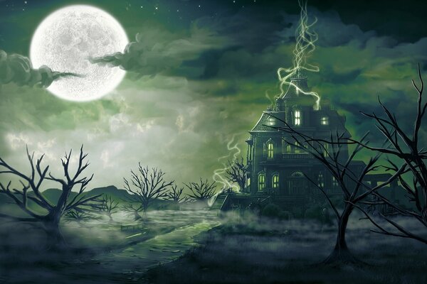 A gloomy mansion in the wilderness against the backdrop of a huge moon