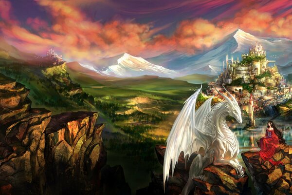 Paysage fantastique de montagnes avec dragon blanc