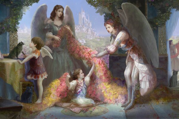 Angels in a magical flower garden