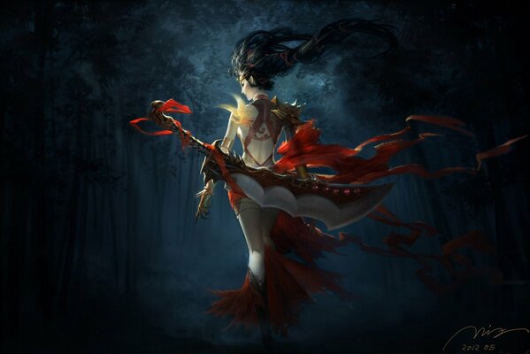 A phoenix girl with a magic sword walks through a dark night forest