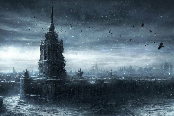 Post-apocalyptic Moscow in the snow with crows