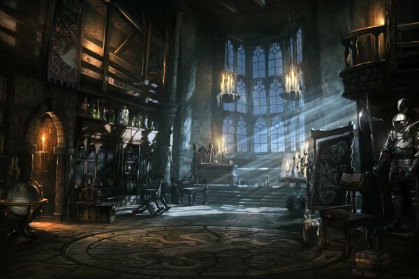 There are different books in the library: a book of spells, about knights, about armor and most importantly, there must be a globe, candles in the library, because it s dark at night and jars for potions