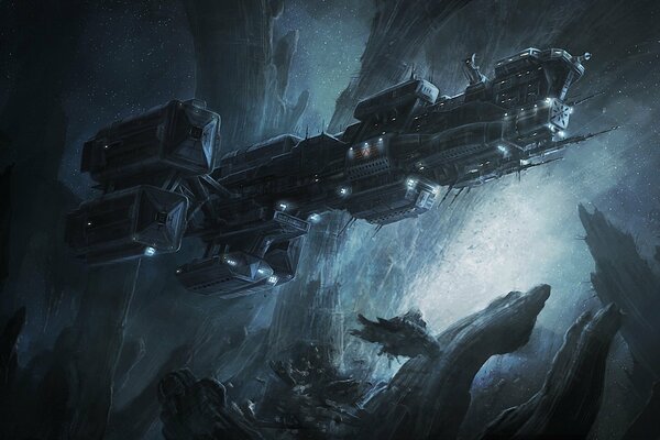 A giant spaceship in a dark gorge