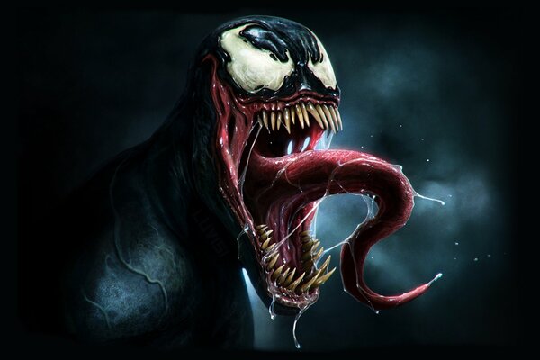 Venom tiene dientes terribles, el tipo de ojos y lengua, fuerte y poderoso