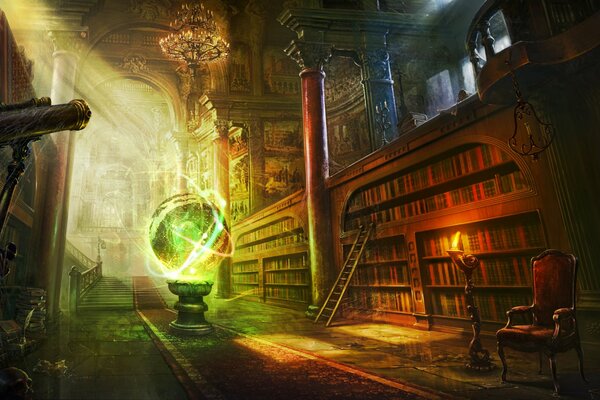 Bibliothek mit leuchtender magischer Kugel
