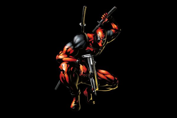 Deadpool mit Waffen auf schwarzem Hintergrund