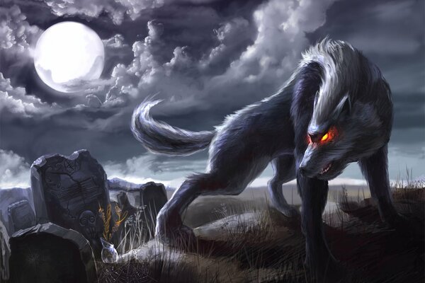 Loup avec des yeux brûlants dans la pleine lune