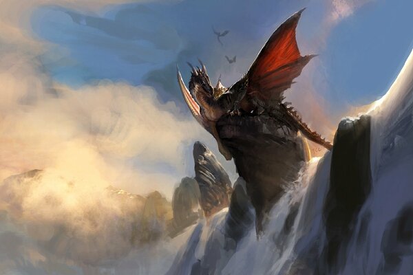 Arte de la cascada con un dragón en la roca