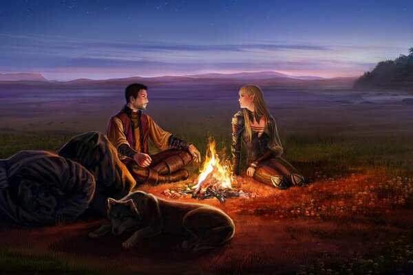 Mężczyzna i Elf przed ogniskiem w nocy
