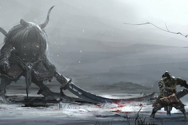 A warrior fights a monster in winter