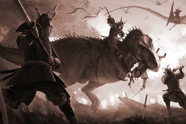 The battle of warriors with a sword against a dinosaur