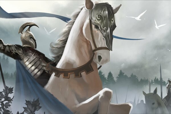 A white knight on horseback. Lord of the Rings