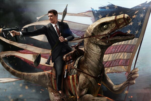 Ronald Reagan, sitting on a monitor lizard, shoots from a machine gun