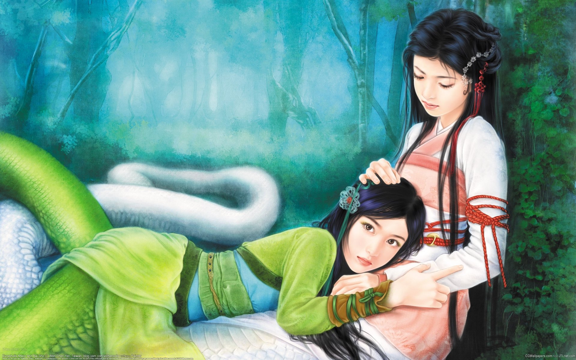 art wen chen yen girls tail snakes forest is kimono