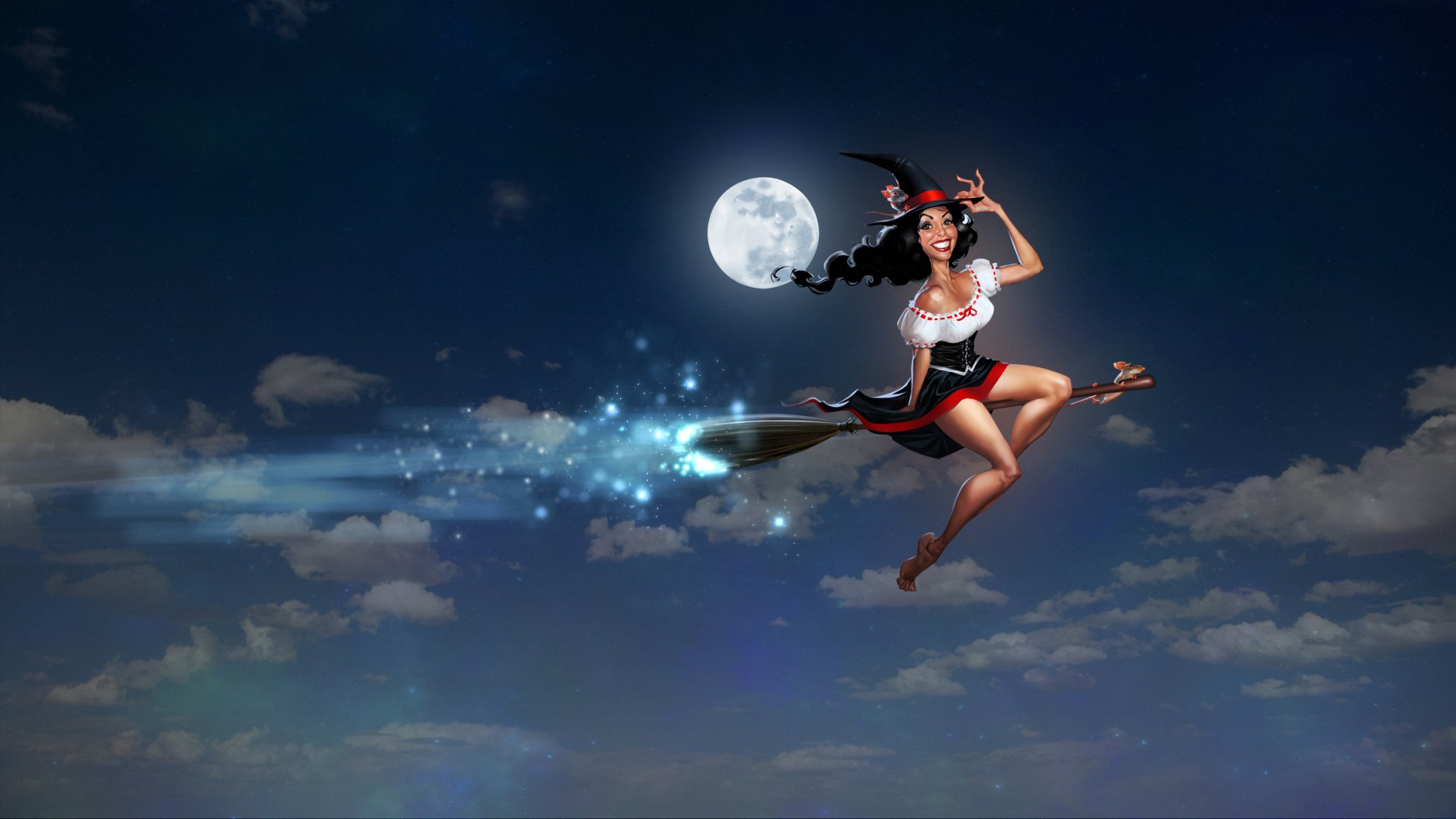 full moon sky clouds night witch broom mouse feet dress smile hat bust sabbath