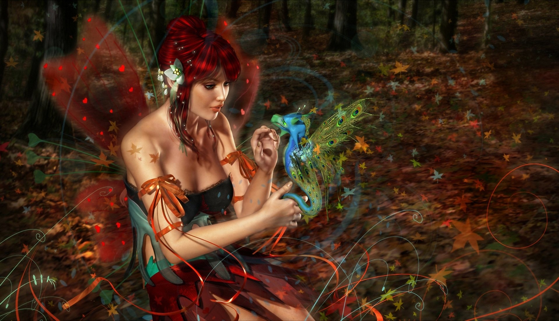 art 3d fille fée rousse dragon ailes forêt