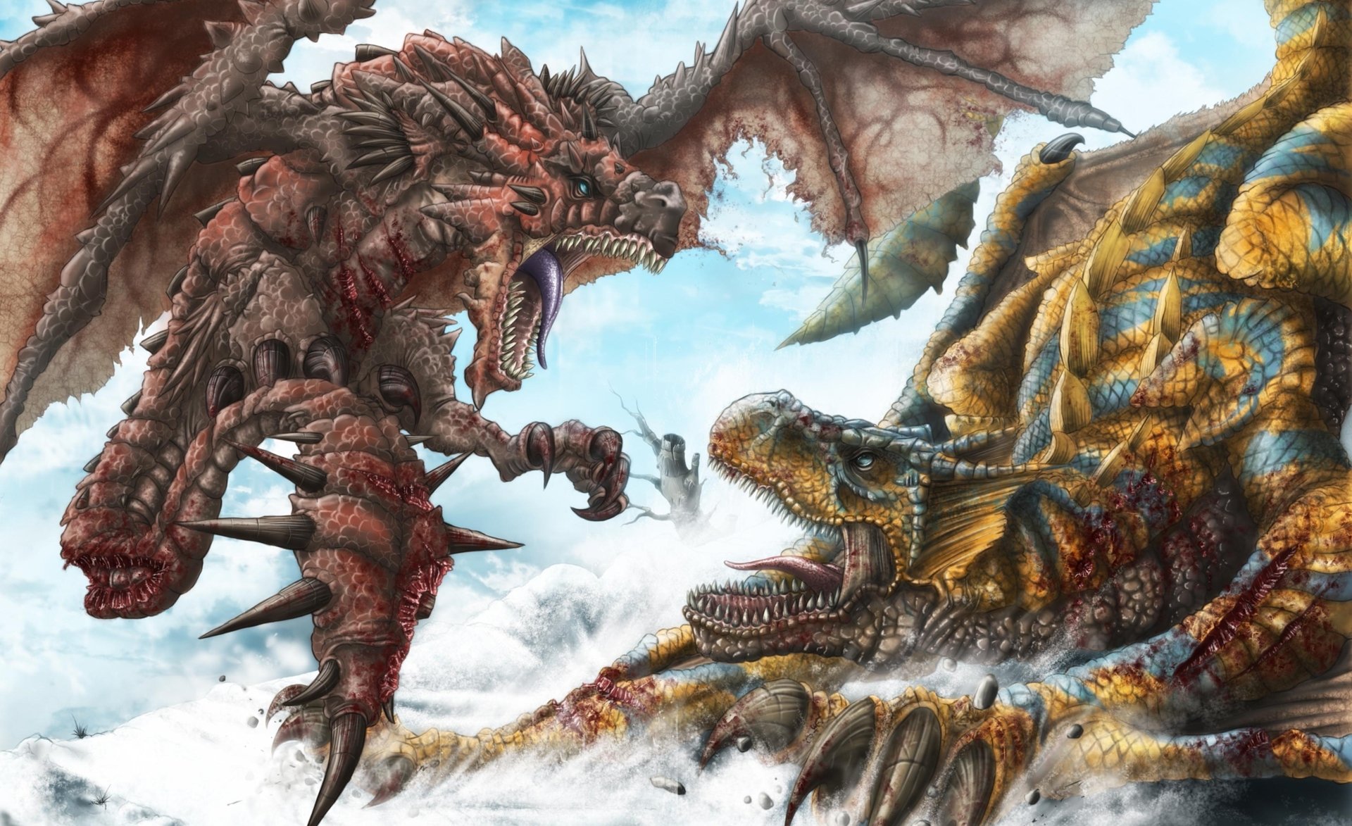 drachen kampf maul dornen wunden blut schnee kunst