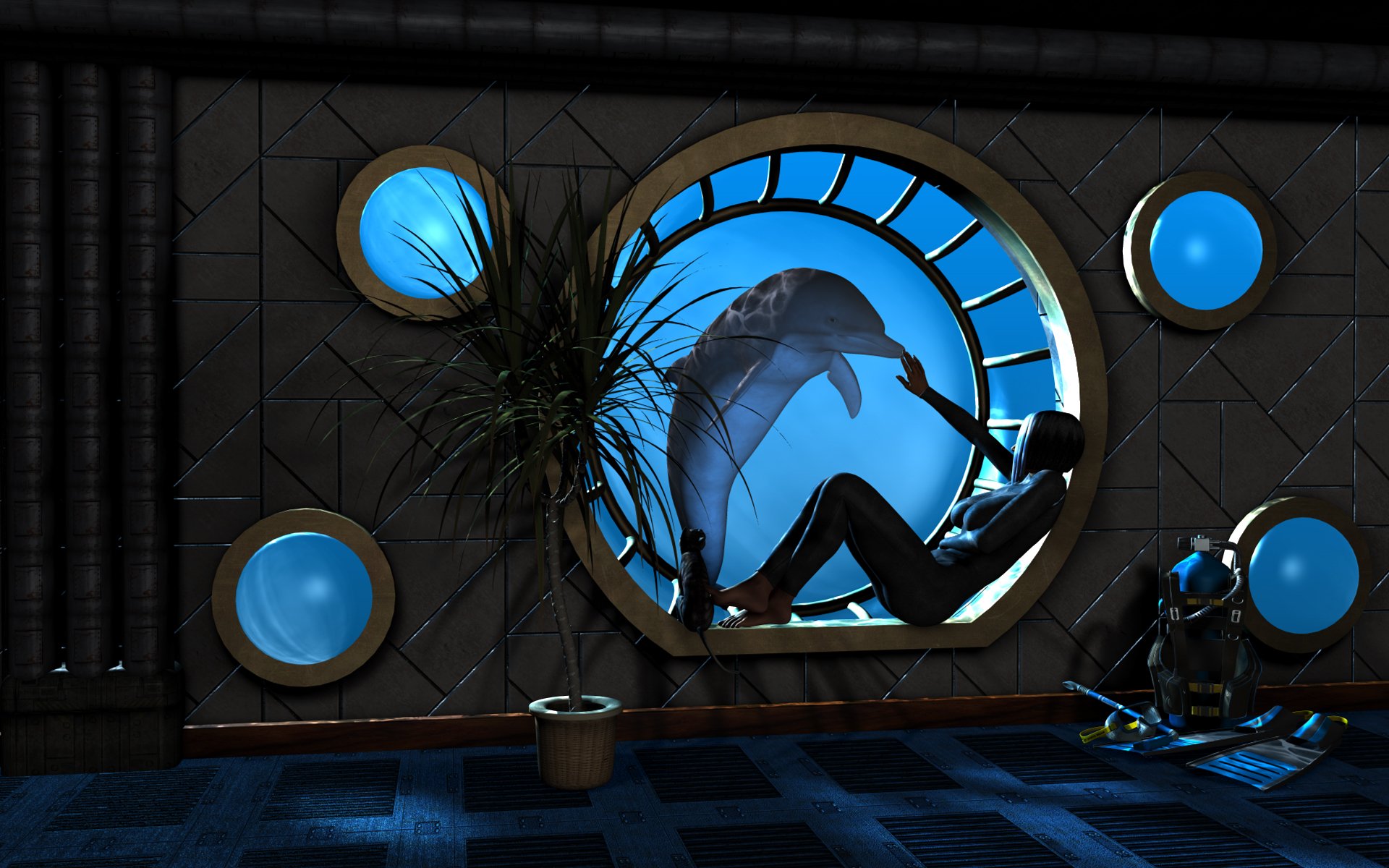 room window porthole water girl dolphin underwater palm tree rendering