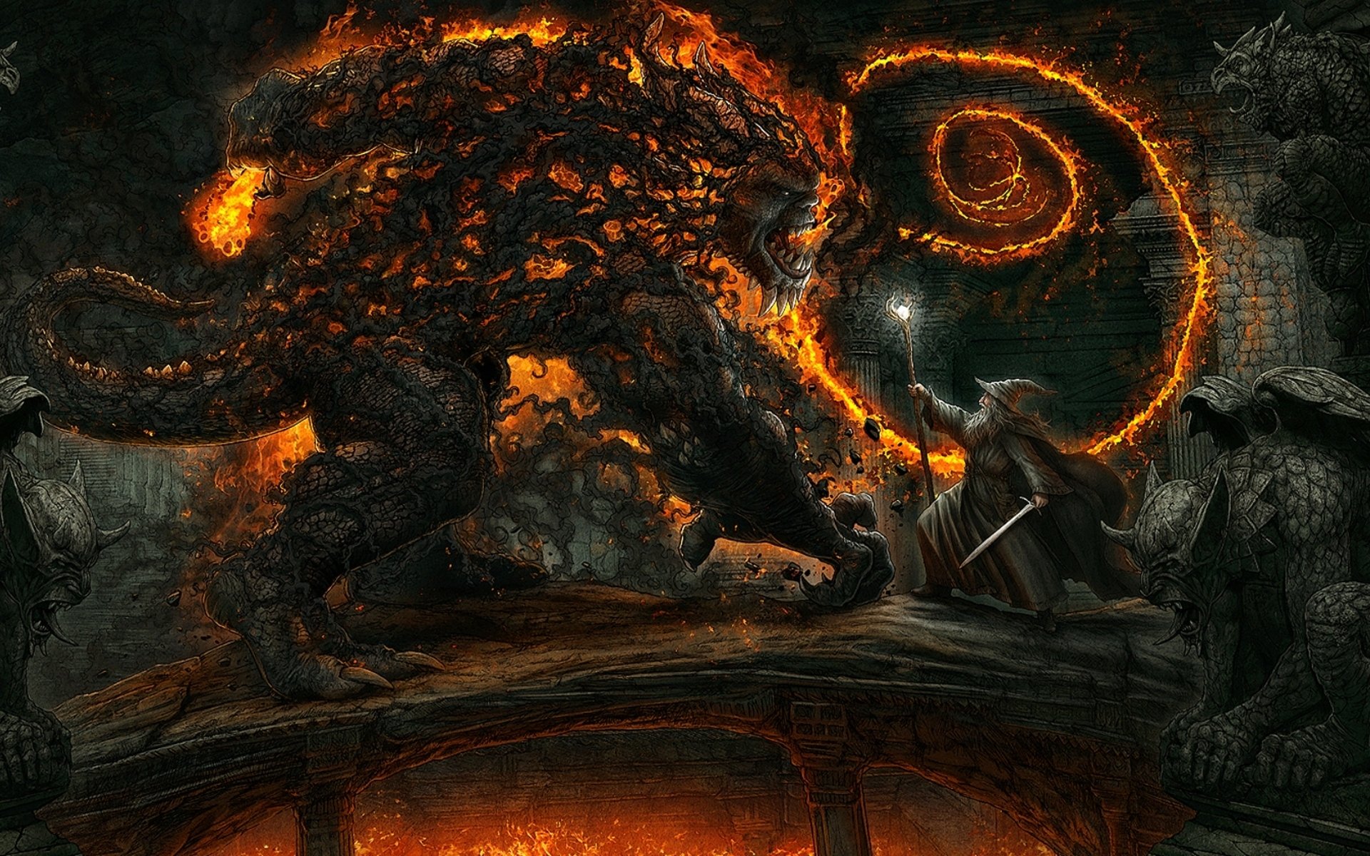 kerem beyit khazad-doom-brücke herr der ringe minen von moria gandalf balrog schatten&feuer schlacht fantasy art brücke kazad-doom moria minen zauberer balrog schwert stab kampf feuer statuen wasserspeier fantasie