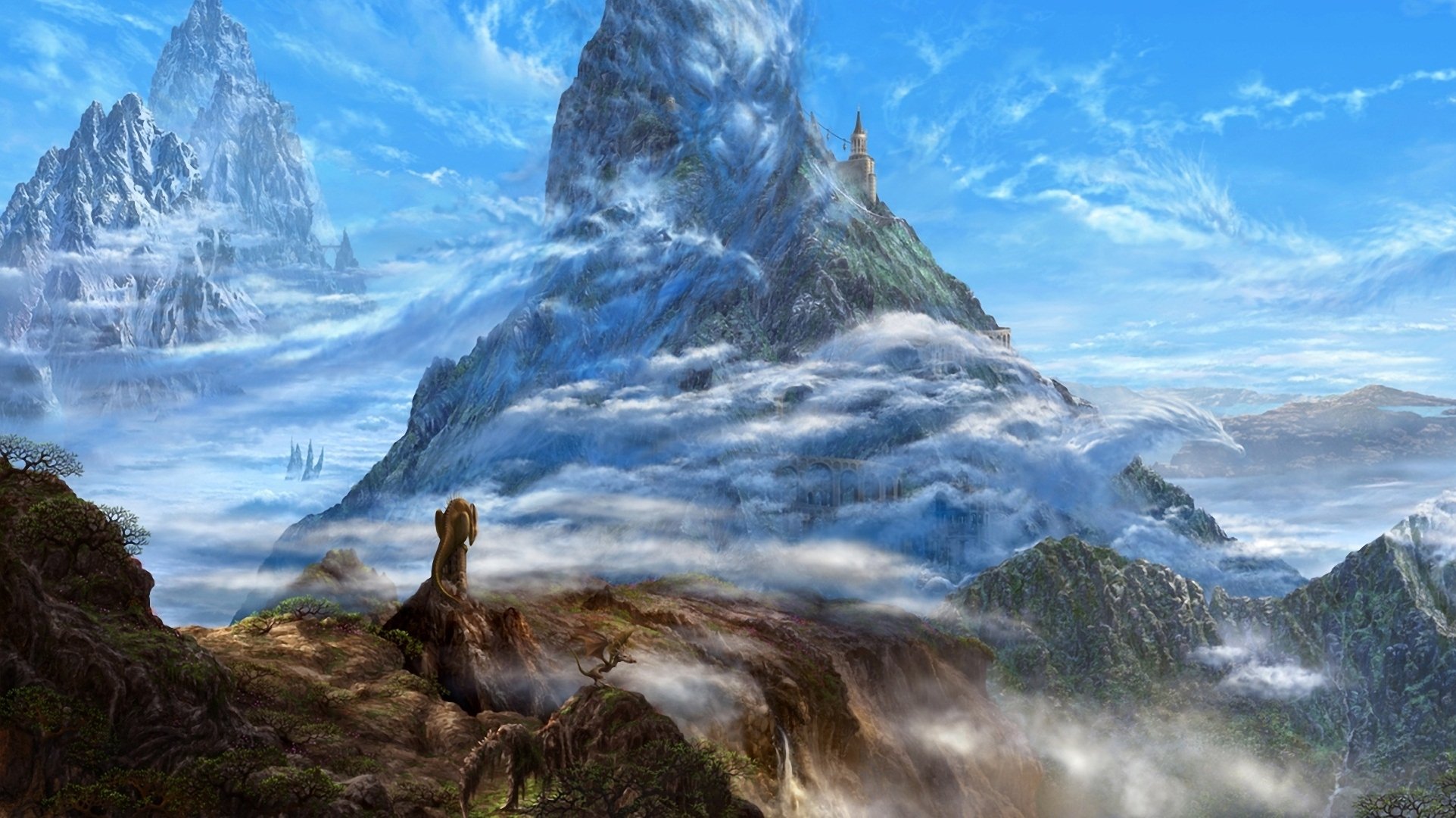 art ucchiey kazamasa uchio mountain rock dragons fantasy clouds castle