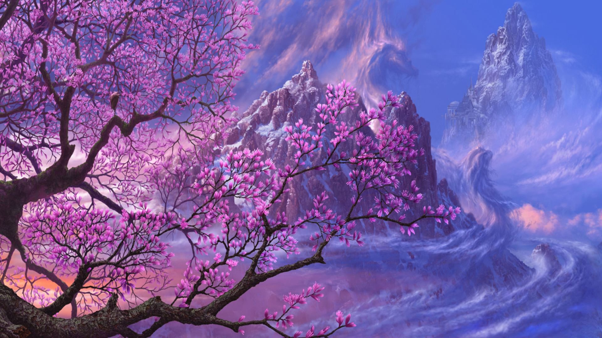 kunst ucchiey kazamasa uchio zeichnung fantasie sakura felsen burg drachen