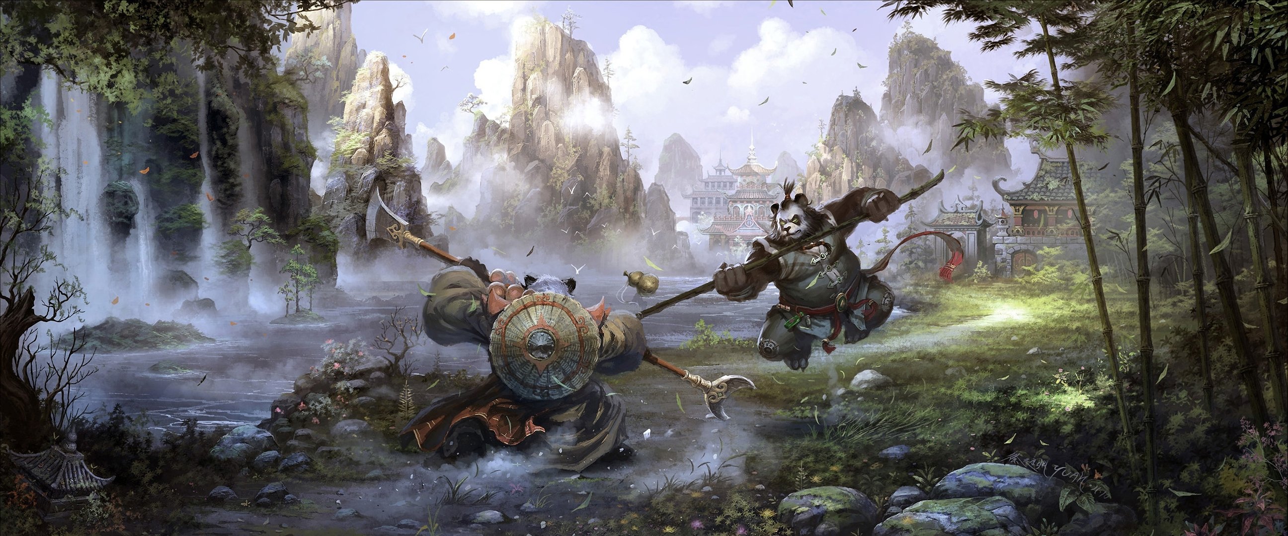 art chao yuan xu kung fu world of warcraft mgły pandaria panda azja budynki góry skały rzeka wodospad krajobraz bitwa pojedynek wojny bambus liście broń