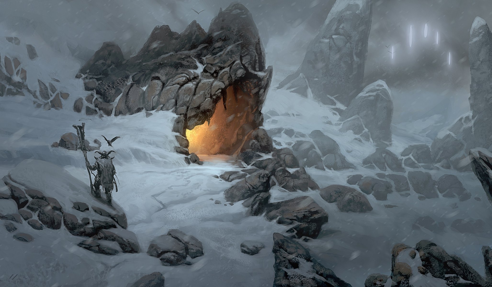 art montagnes neige grotte feu viking