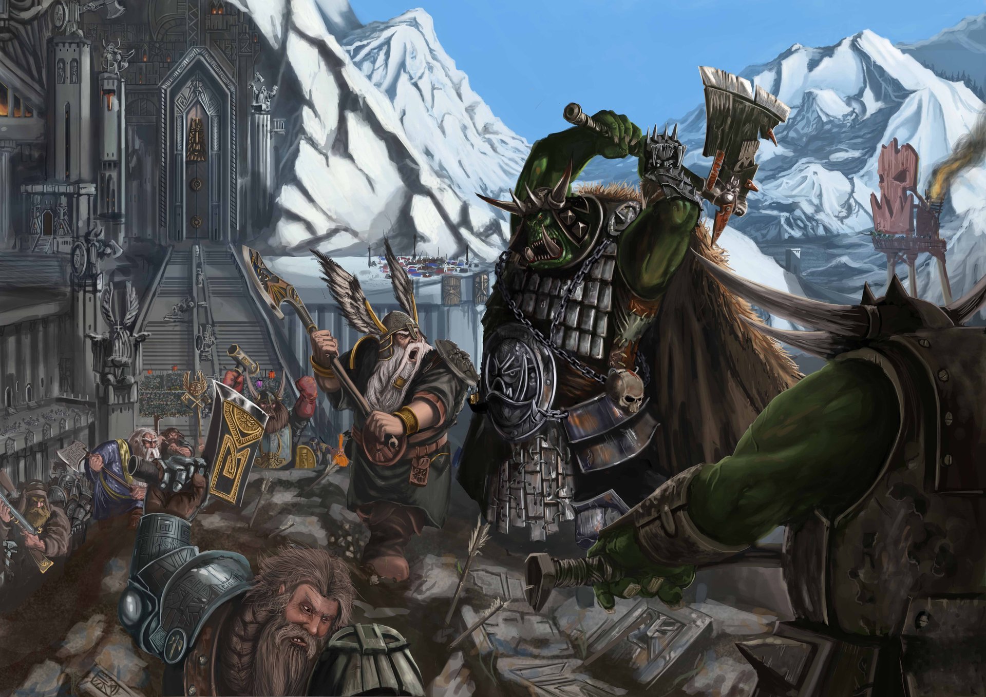 warhammer fantasy bitwy atak na karak azula krasnoludy orki twierdza góra stopnie posągi wojownicy broń thor topór