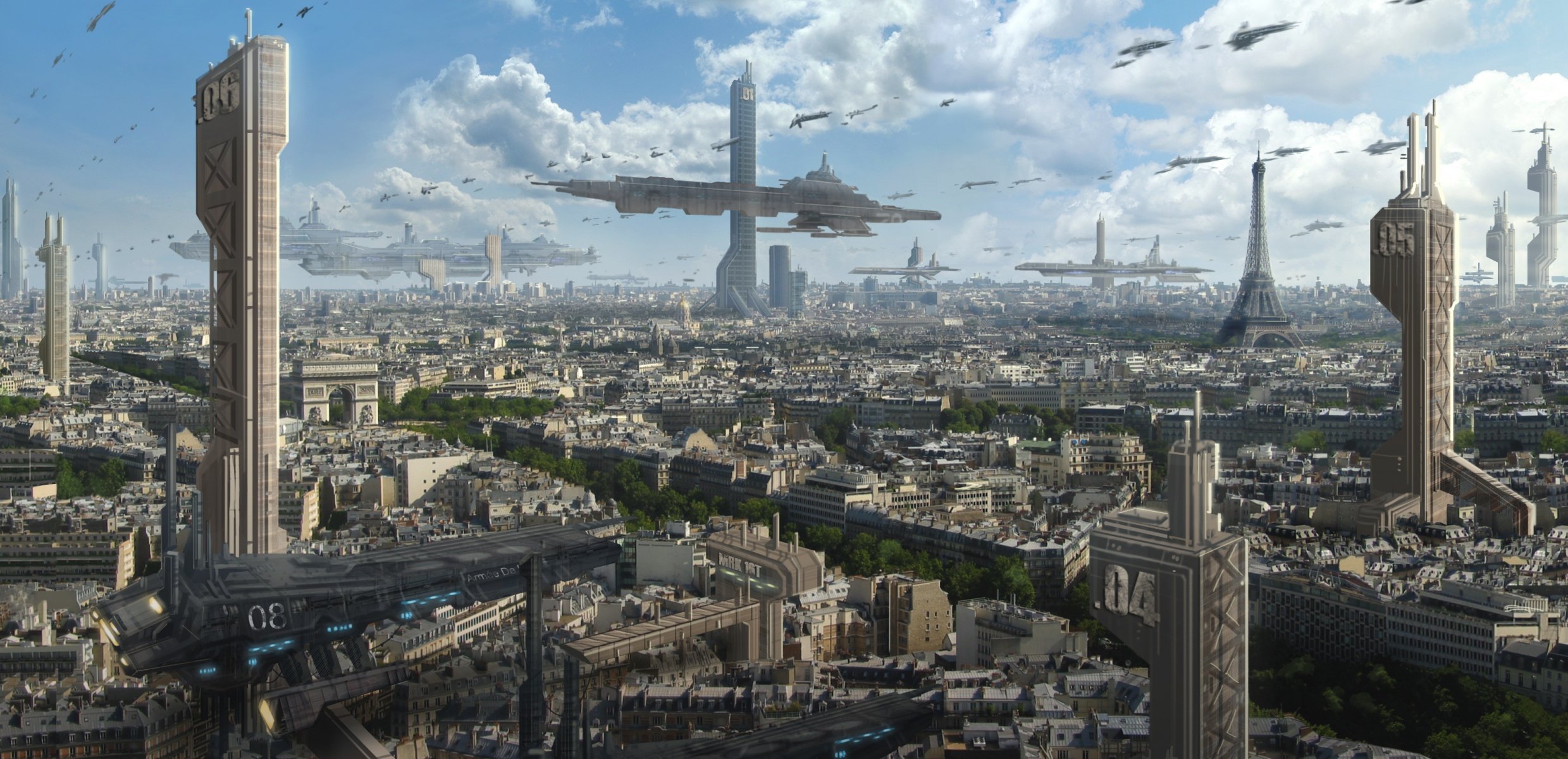 kunst astrokevin stadt zukunft paris eiffelturm arc de triomphe schiffe transport wolkenkratzer wolken ansicht