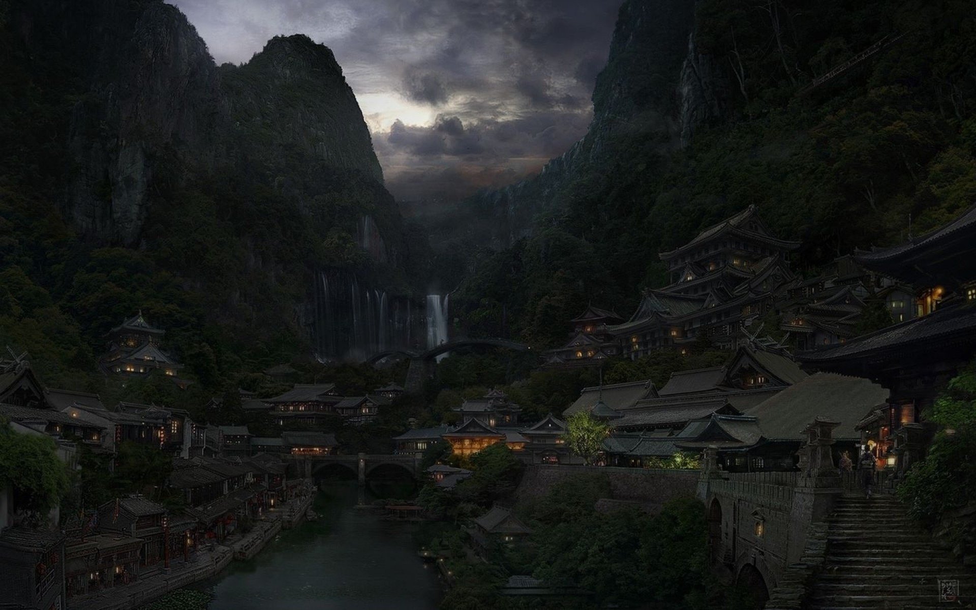 berge stadt wolken fluss brücke osten china lichter