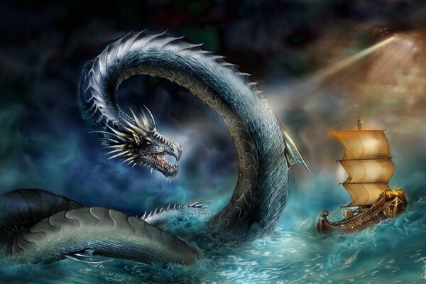 Serpente di mare e nave sull acqua durante una tempesta