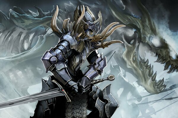 Skeleton in armor on the background of a dragon