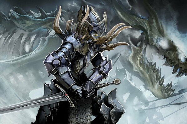 Esqueleto con armadura en el fondo del dragón